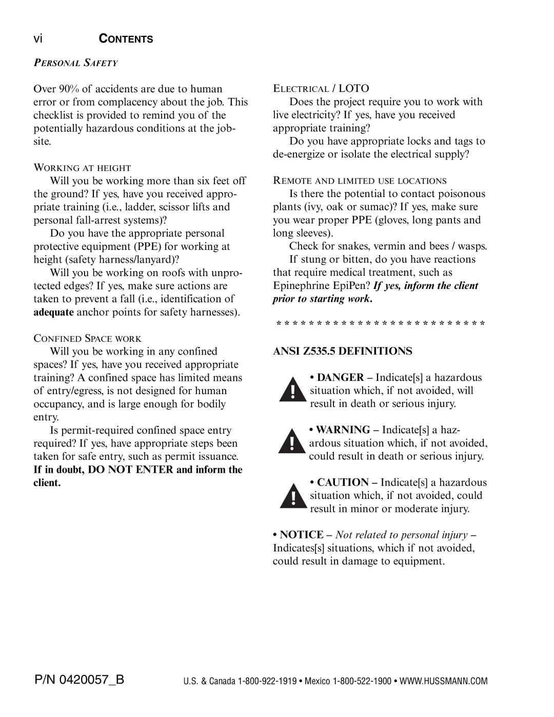 hussman P/N 0420057_B operation manual If in doubt, do not Enter and inform the client 