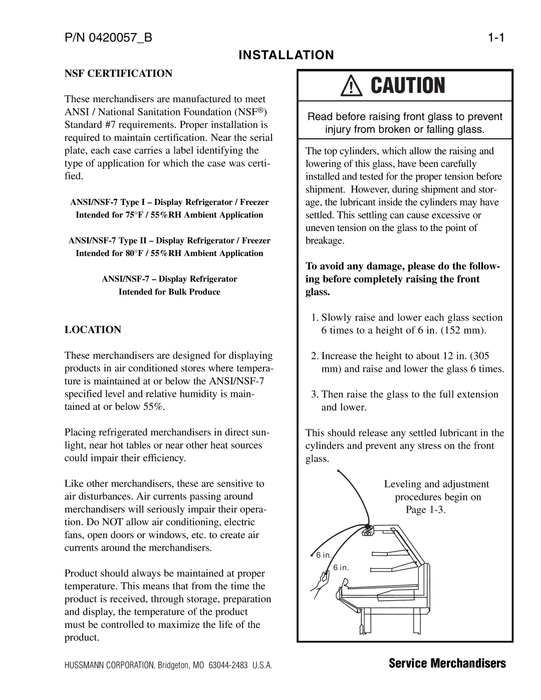 hussman P/N 0420057_B operation manual Installation, NSF Certification, Location 