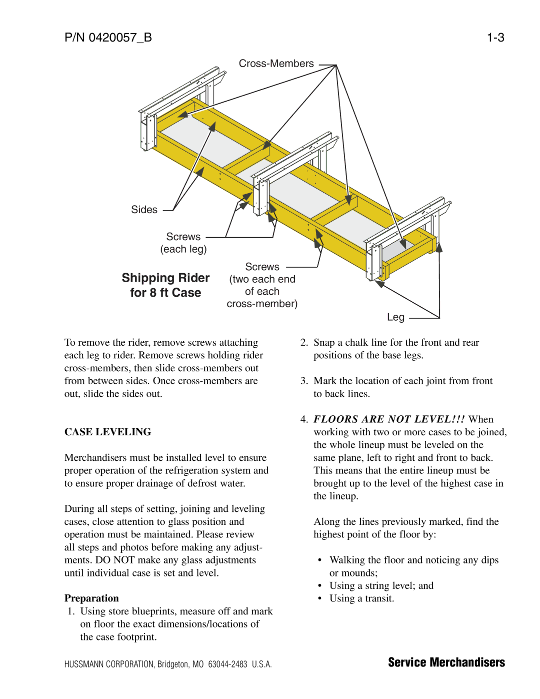 hussman P/N 0420057_B operation manual Case Leveling, Preparation 