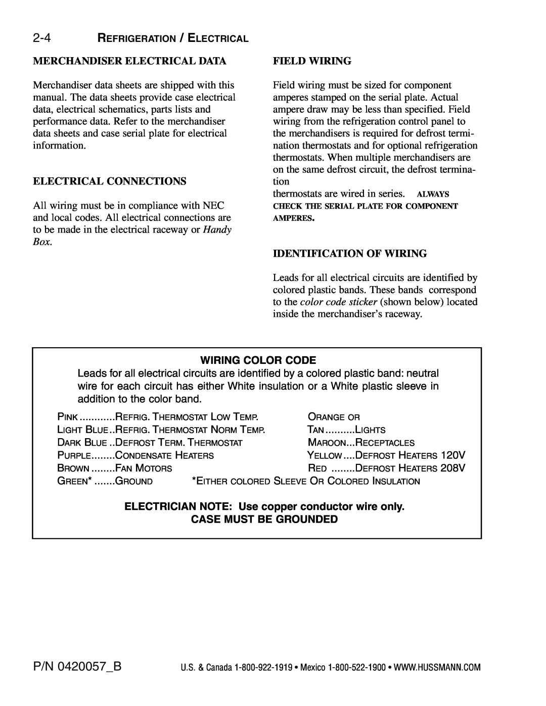 hussman P/N 0420057_B operation manual P/N 0420057B, Merchandiser Electrical Data, Electrical Connections, Field Wiring 