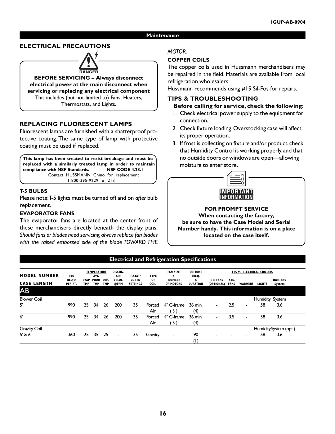 hussman P/N IGUP-AB-0904 operation manual Electrical Precautions, Replacing Fluorescent Lamps, Tips & Troubleshooting 