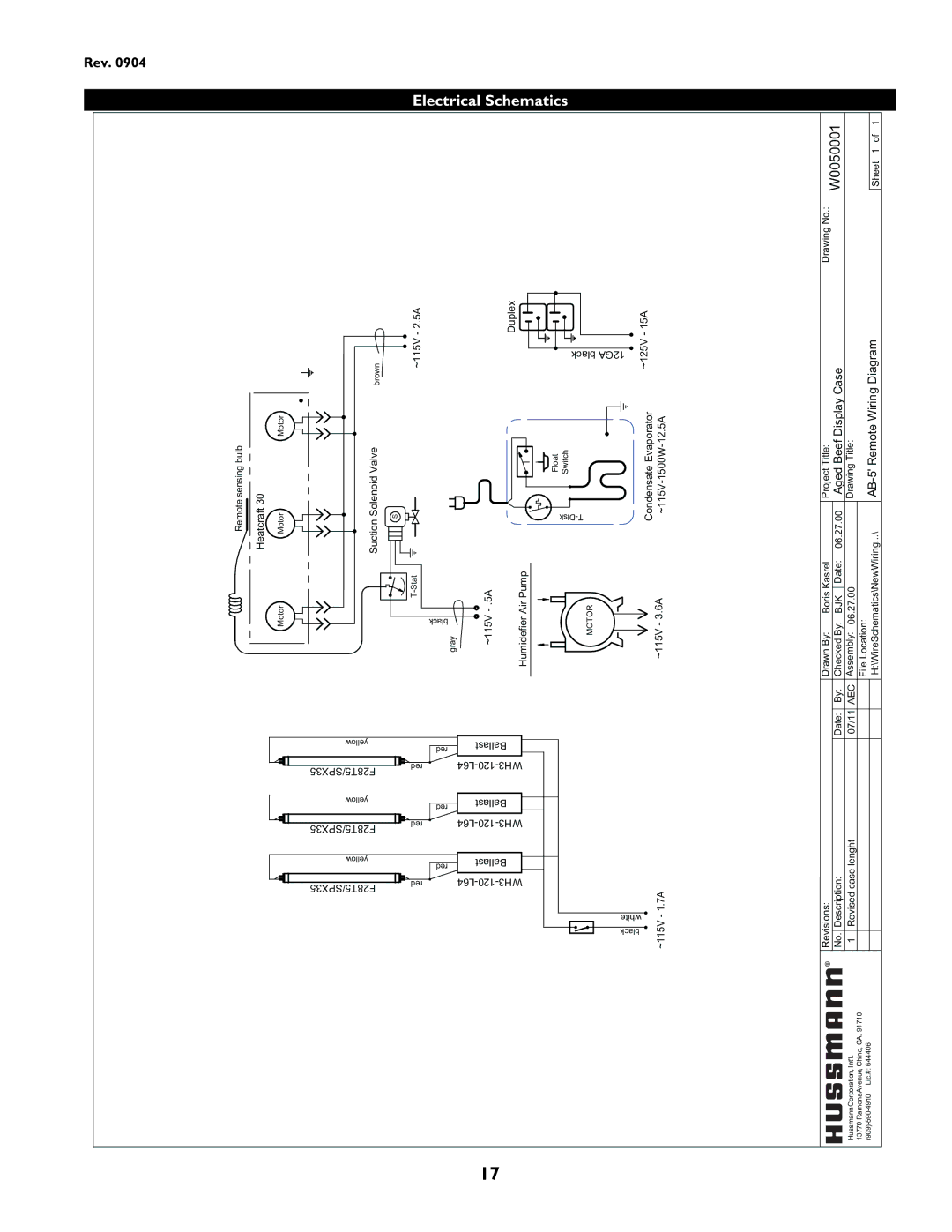 hussman P/N IGUP-AB-0904 operation manual Electrical Schematics, W0050001 