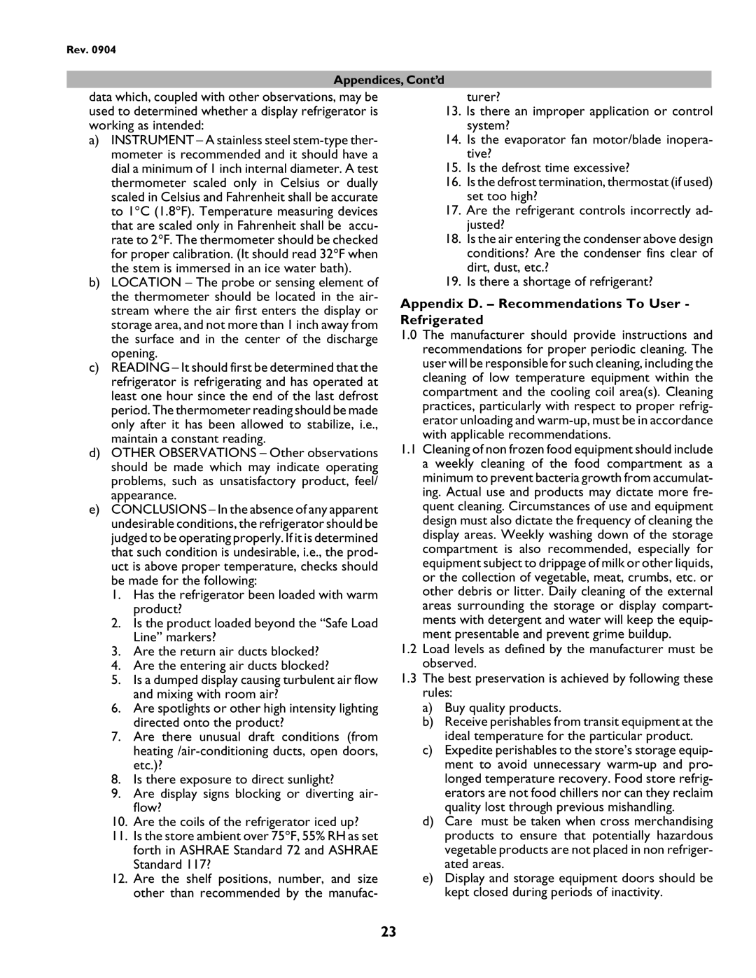 hussman P/N IGUP-AB-0904 operation manual Appendix D. Recommendations To User Refrigerated 