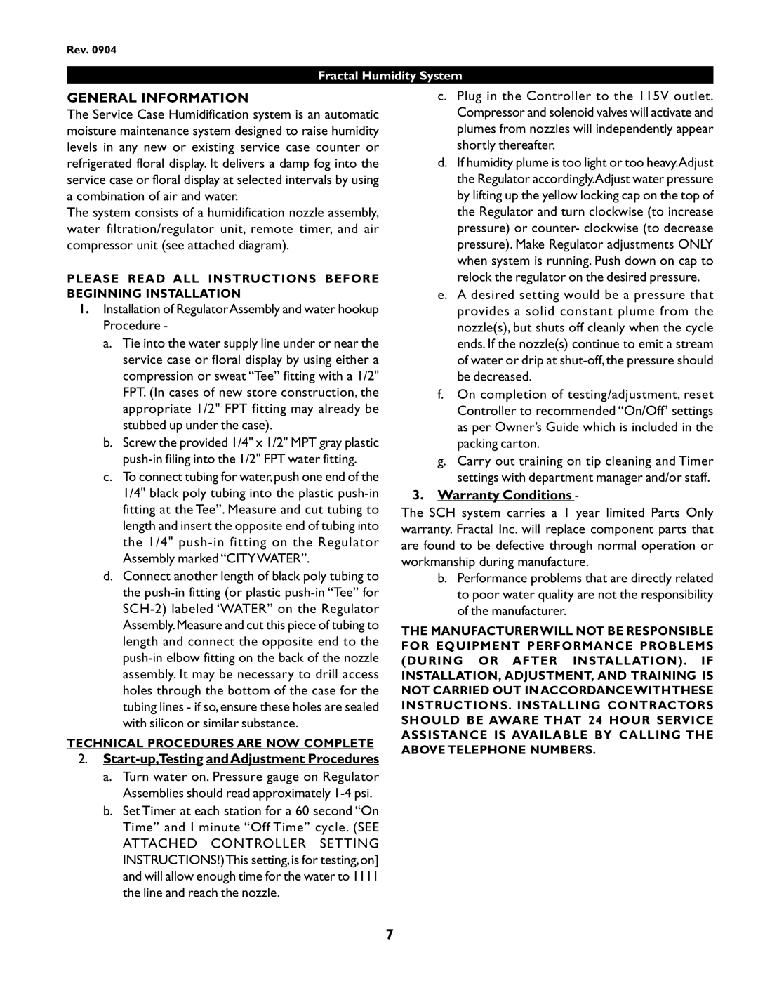 hussman P/N IGUP-AB-0904 General Information, Start-up,Testing andAdjustment Procedures, Warranty Conditions 