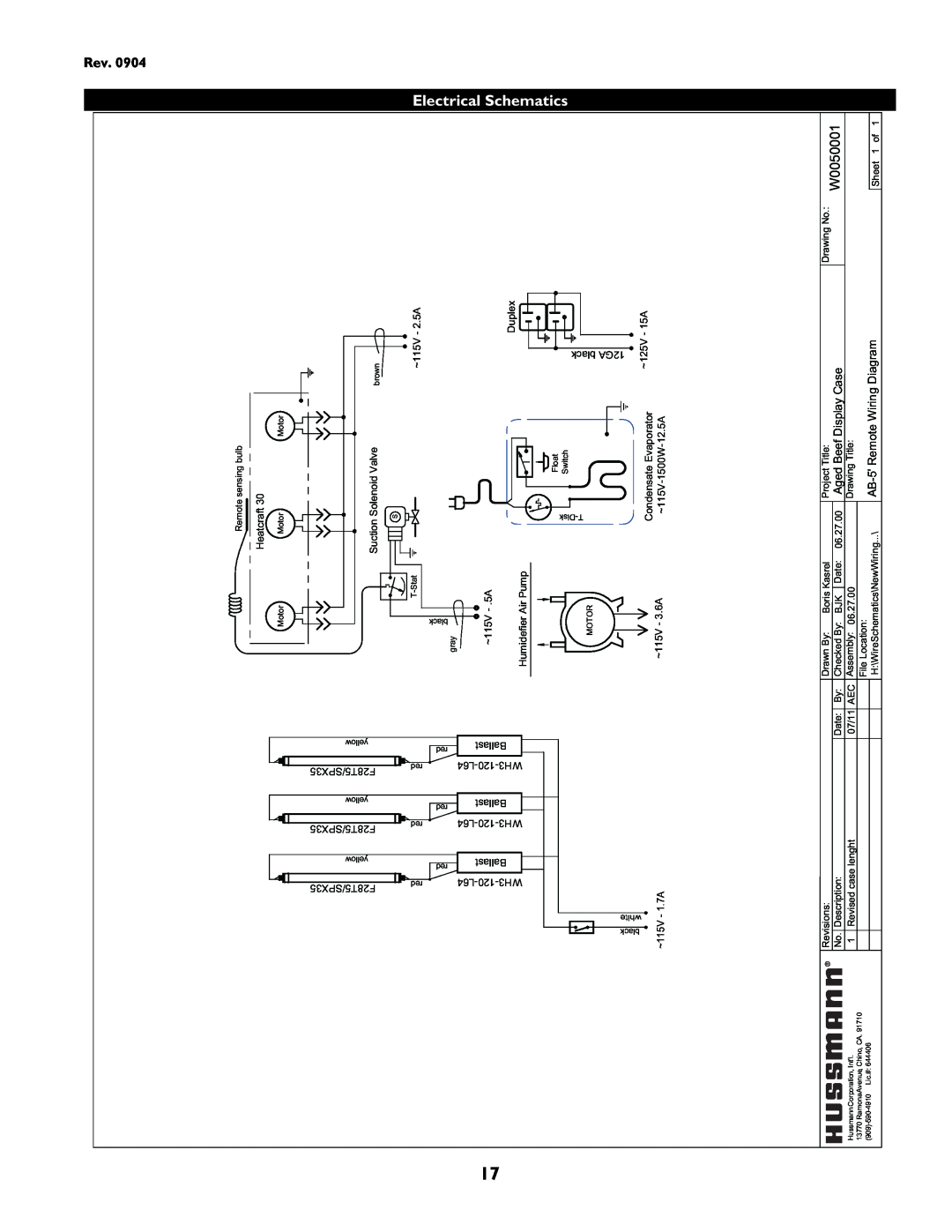 hussman P/N IGUP-AB-0904 operation manual Electrical Schematics, W0050001, AgedBeefDisplayCase, AB-5RemoteWiringDiagram 