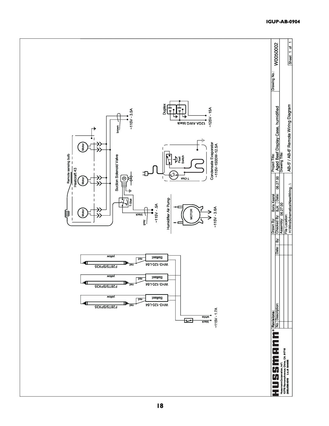 hussman P/N IGUP-AB-0904 operation manual W0050002, DisplayCase,humidified, 6RemoteWiringDiagram, AgedBeef, AB-5/AB 