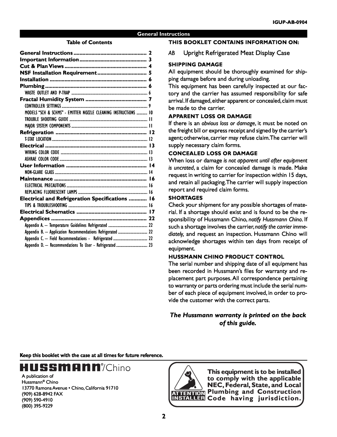 hussman P/N IGUP-AB-0904 operation manual The Hussmann warranty is printed on the back, of this guide, Chino 