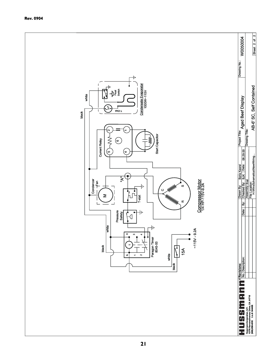 hussman P/N IGUP-AB-0904 operation manual Compressor Motor, W0050004, AB-6SC,SelfContained, 1/4 HP-115V-9.2A, ~115V - 9.2A 