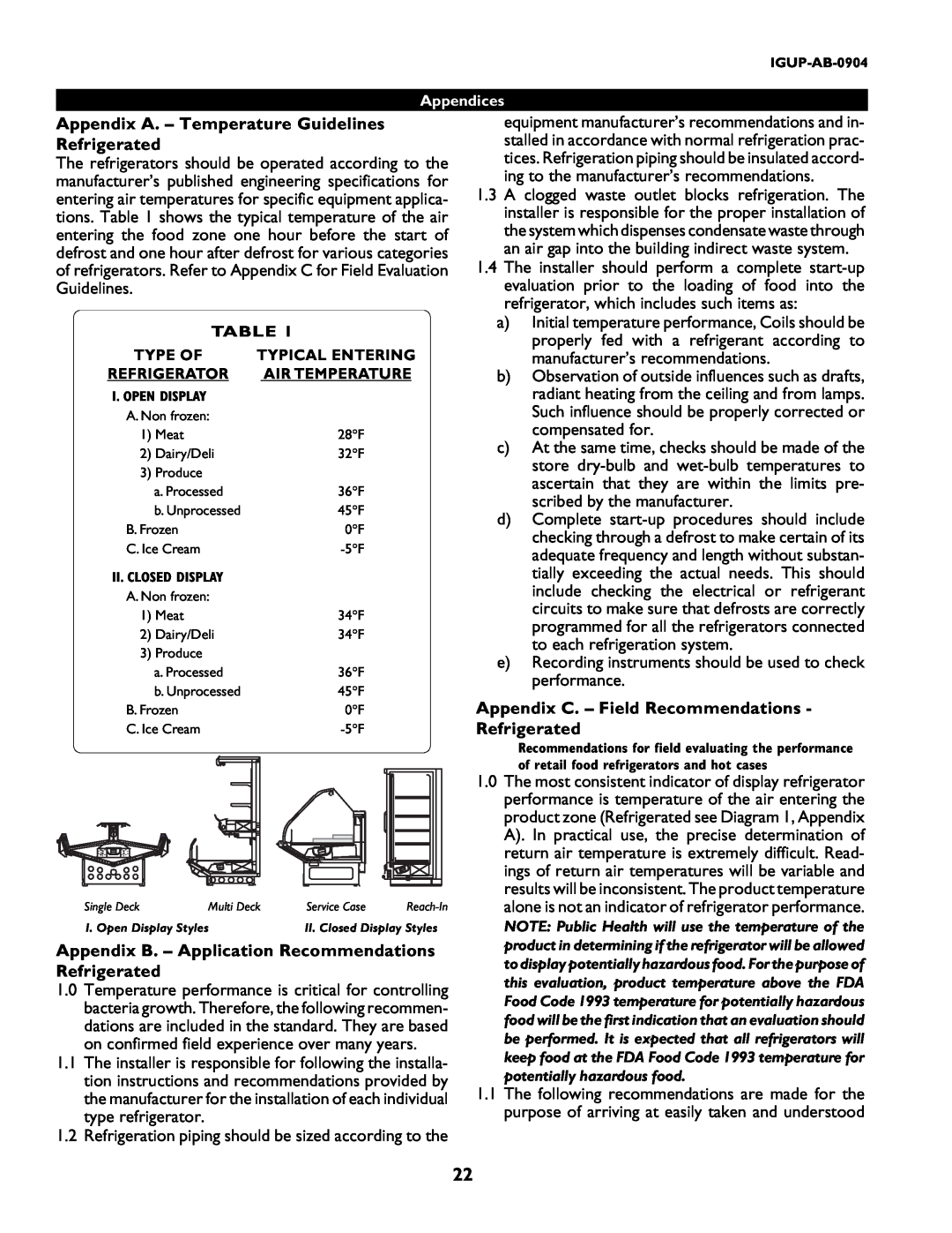 hussman P/N IGUP-AB-0904 operation manual Appendix A. – Temperature Guidelines Refrigerated, Appendices 