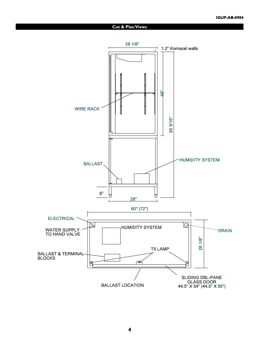 hussman P/N IGUP-AB-0904 Cut & Plan Views, 28 1/8, 1.2” Komacel walls, WIRE RACK 85 5/16 BALLAST, 28 60, Humidity System 