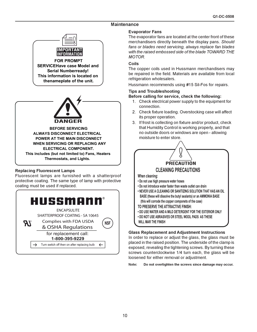 hussman Q1-DC operation manual Maintenance, Evaporator Fans, Coils, Replacing Fluorescent Lamps 