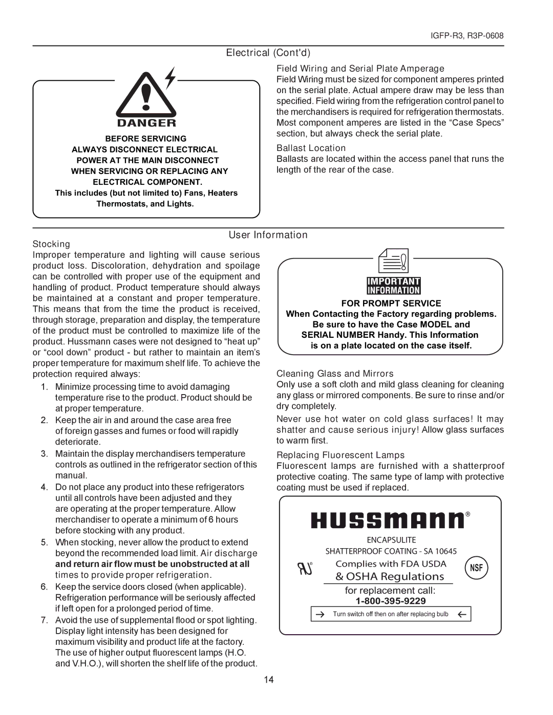 hussman Refrigerated Service and/or Prep with Refrigerated Self Service Front Electrical Contd, Ballast Location, Stocking 