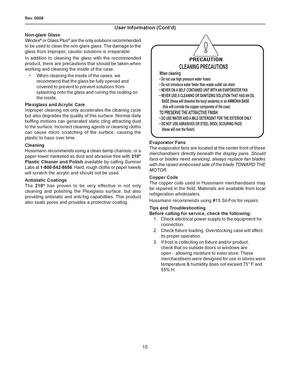 hussman R3P-0608, IGFP-R3 manual User Information Contd, When cleaning 