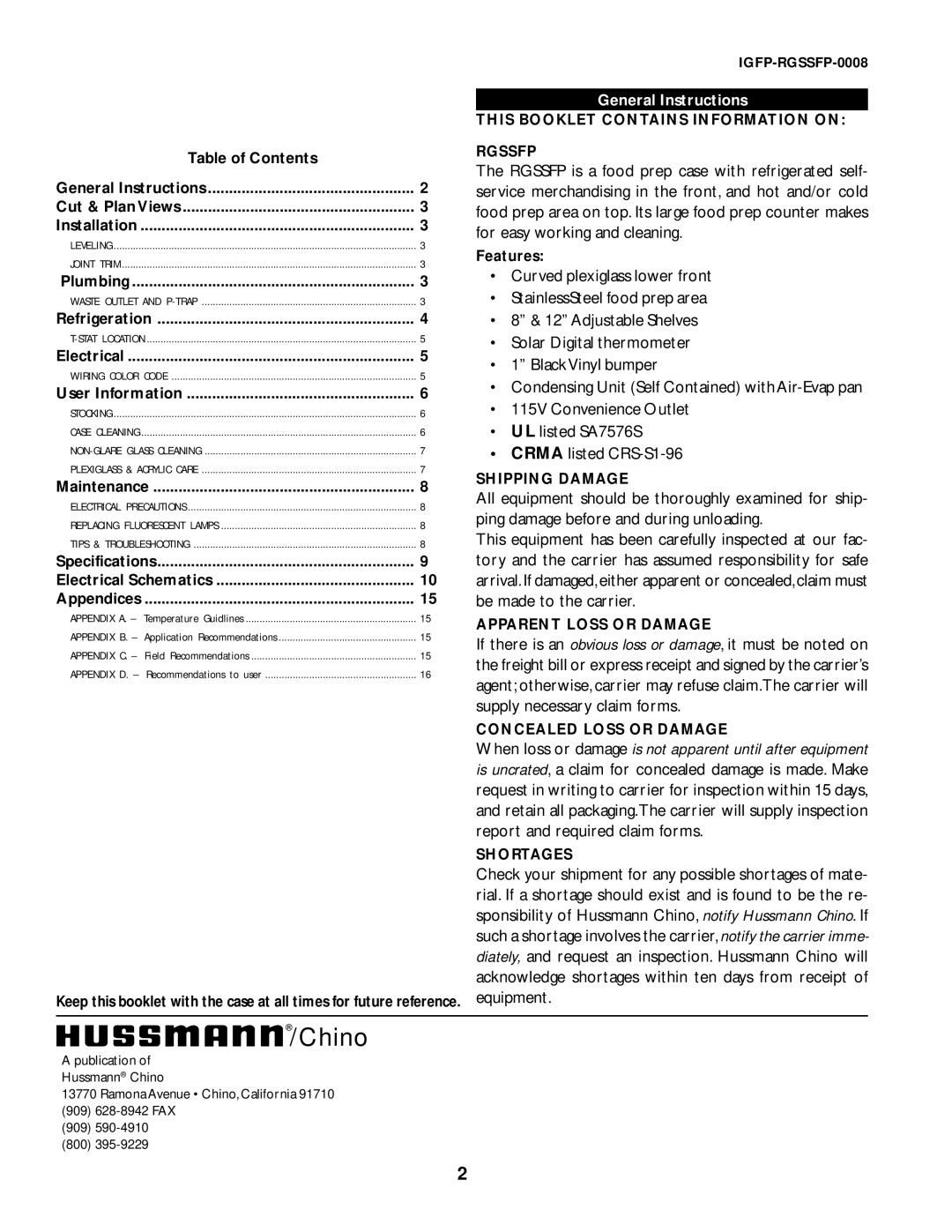 hussman RGSSFP manual This Booklet Contains Information on Rgssfp, Shipping Damage, Apparent Loss or Damage, Shortages 