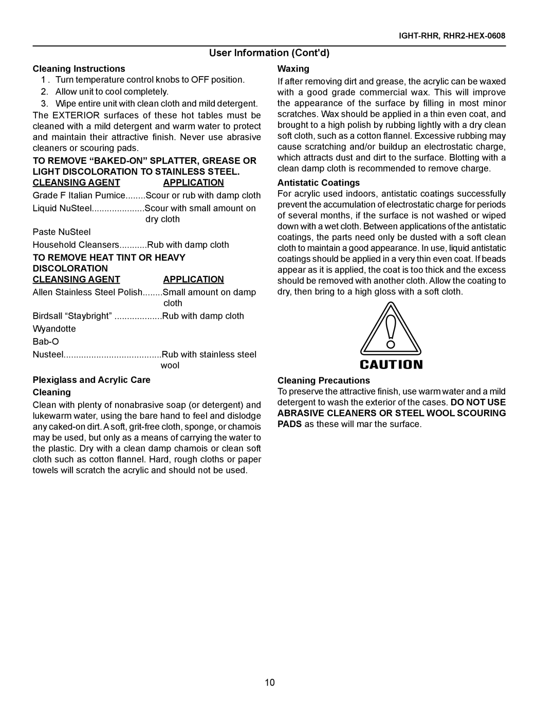 hussman RHR2-HEX, rhr-hex, RHR-SQ, RHR 1/2 HEX operation manual User Information Contd 