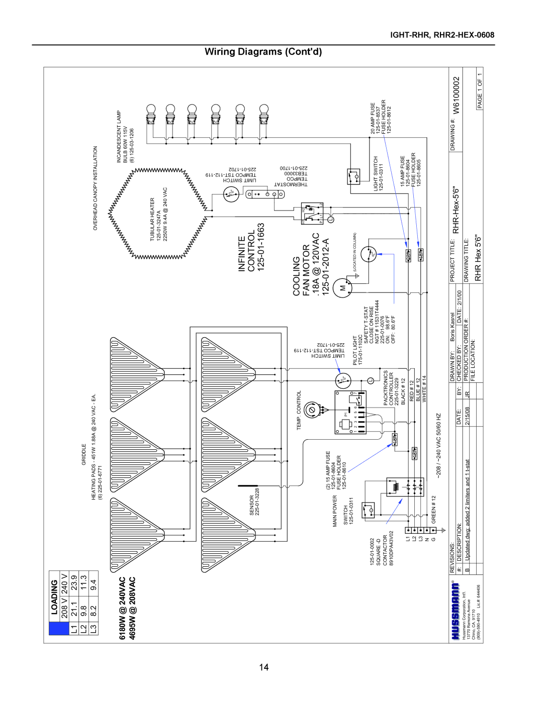 hussman RHR2-HEX, rhr-hex, RHR-SQ, RHR 1/2 HEX operation manual Wiring, DiagramsContd, 208 V 240 21.1 23.9 11.3, 0608 