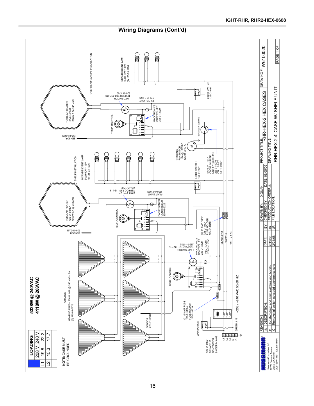 hussman rhr-hex, RHR-SQ, RHR2-HEX, RHR 1/2 HEX operation manual Wiring Diagrams Contd, 19.8 22.2 15.3 17.7, W6100020, HEX-0608 