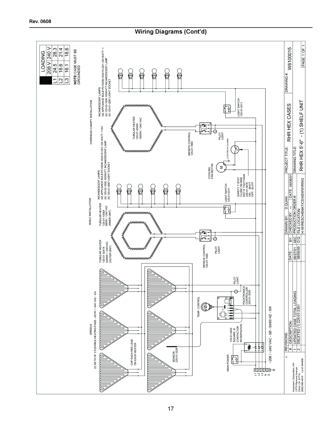 hussman RHR-SQ, rhr-hex, RHR2-HEX, RHR 1/2 HEX 208 V 240 L1 24.5 L2 18.6 L3 16.1, W6100015, RHR HEX 5-6 1 Shelf Unit 