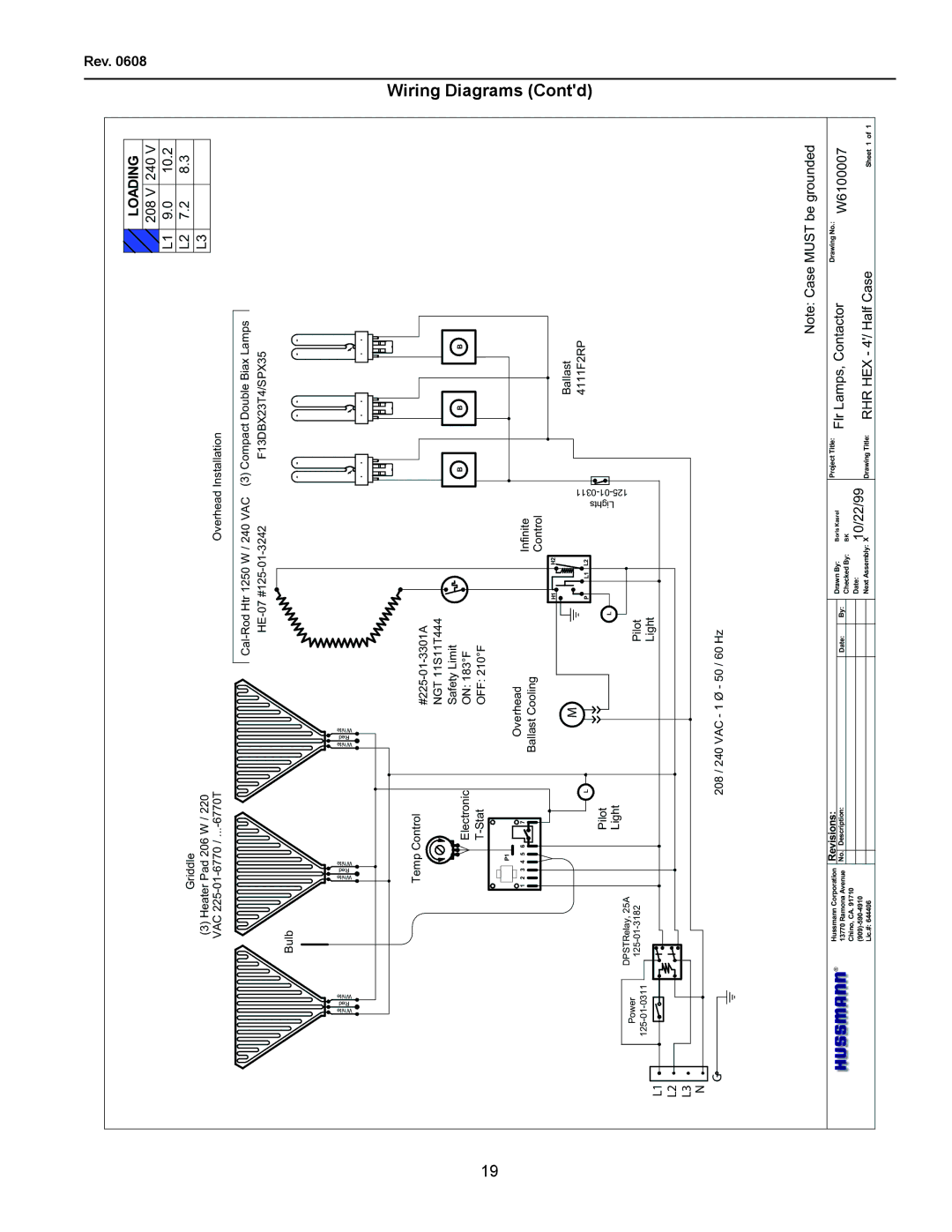 hussman RHR 1/2 HEX 10.2, Wiring Diagrams, Flr Lamps, Contactor, W6100007, 10/22/99 Drawing Title RHR HEX 4/ Half Case 