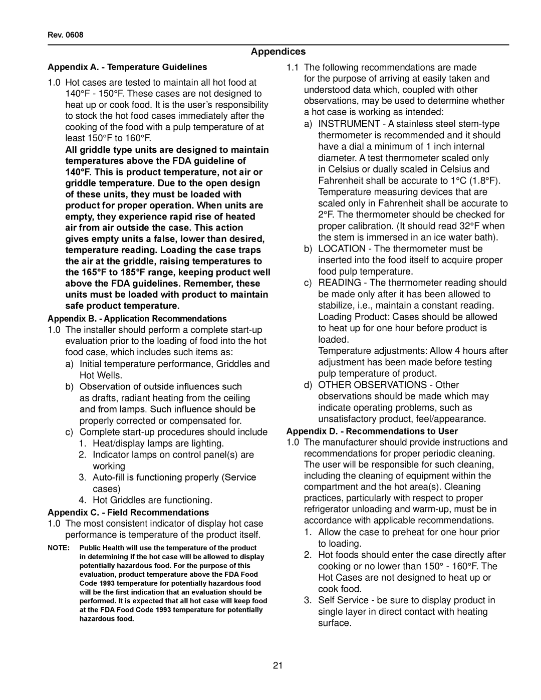 hussman RHR-SQ, rhr-hex, RHR2-HEX Appendices, Appendix A. Temperature Guidelines, Appendix C. Field Recommendations 