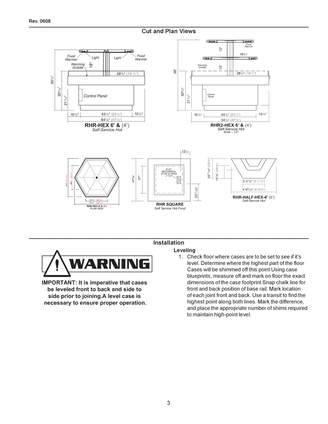 hussman RHR 1/2 HEX, rhr-hex, RHR-SQ, RHR2-HEX operation manual Cut and Plan Views, Installation, RHR-HEX 6, Leveling, Rev 