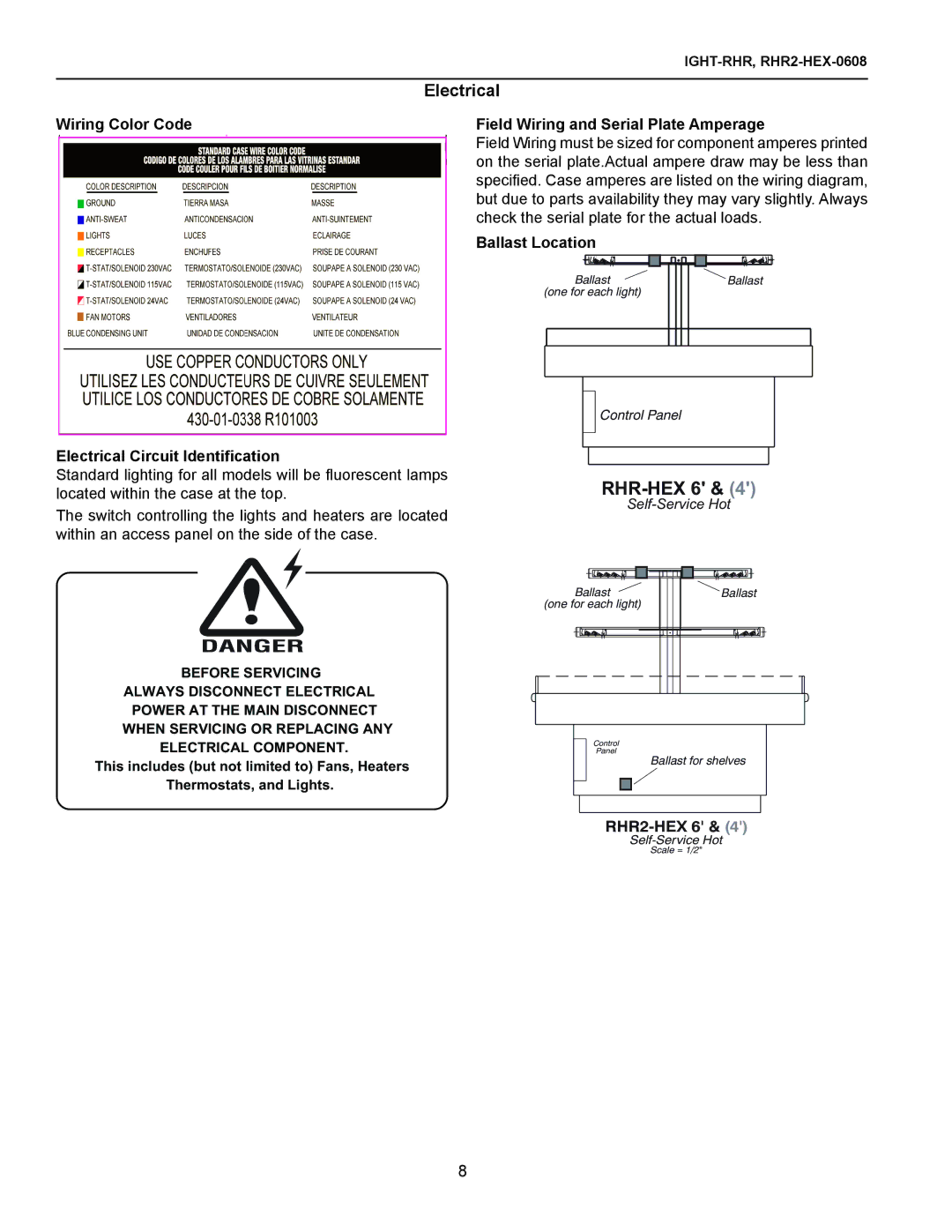 hussman rhr-hex, RHR-SQ Wiring Color Code Electrical Circuit Identification, Field Wiring and Serial Plate Amperage 