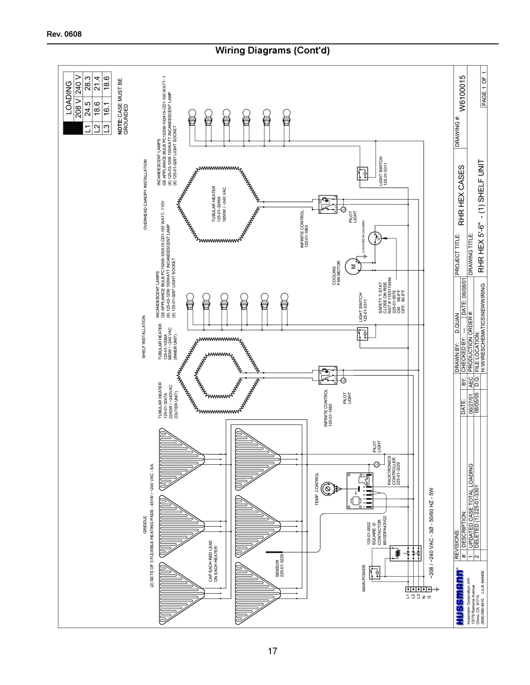 hussman RHR-SQ, rhr-hex, RHR2-HEX Wiring Diagrams Contd, LOADING 208 V 240 L1 24.5 L2 18.6 L3, Rev, Rhr Hex Cases, W6100015 
