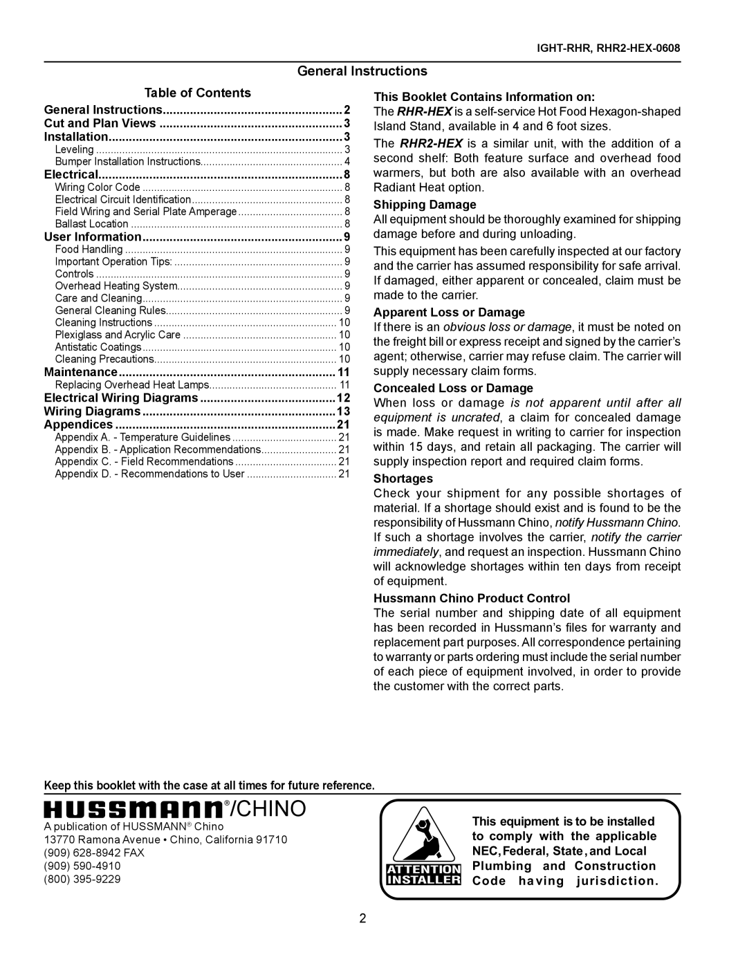 hussman RHR2-HEX General Instructions, Table of Contents, Chino, This Booklet Contains Information on, Shipping Damage 