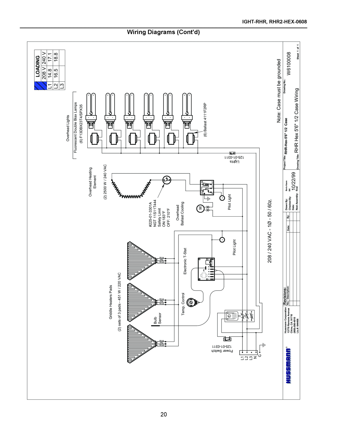 hussman rhr-hex Wiring Diagrams Contd, Loading, Ight-Rhr, W6100008, 10/22/99, Drawing Title RHR Hex 56 1/2 Case Wiring 