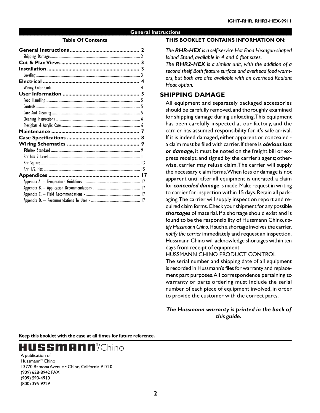hussman rhr-hex manual Shipping Damage, Ramona Avenue Chino, California 909 628-8942 FAX 800 