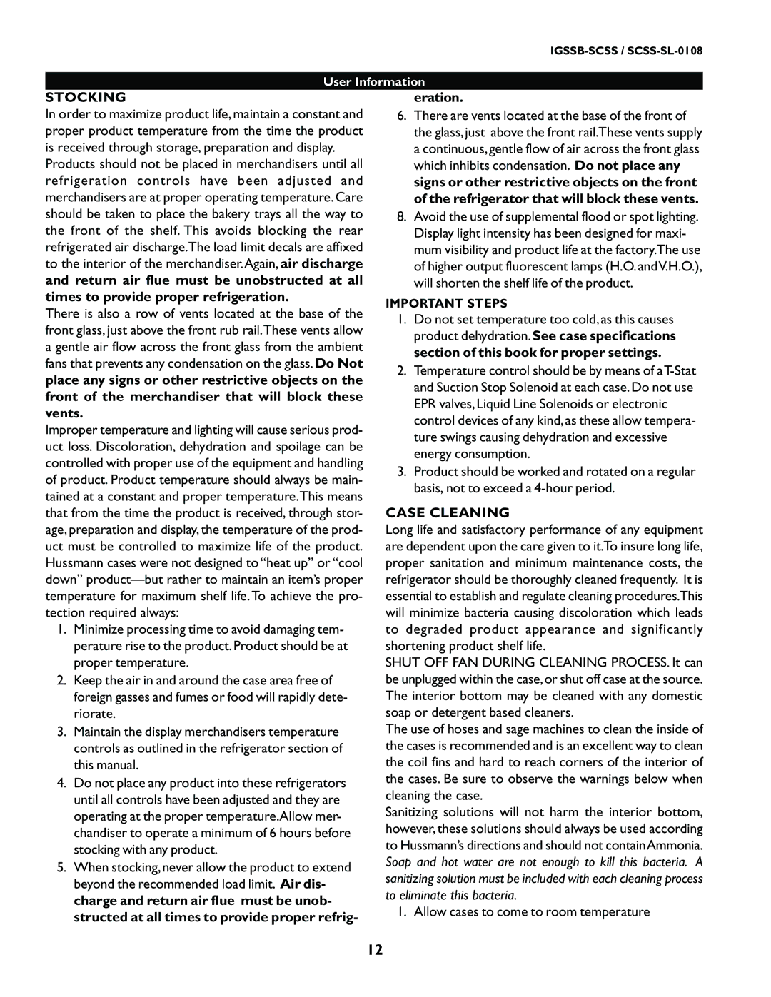 hussman SCSS-SL manual Stocking, Eration, Case Cleaning, Important Steps 