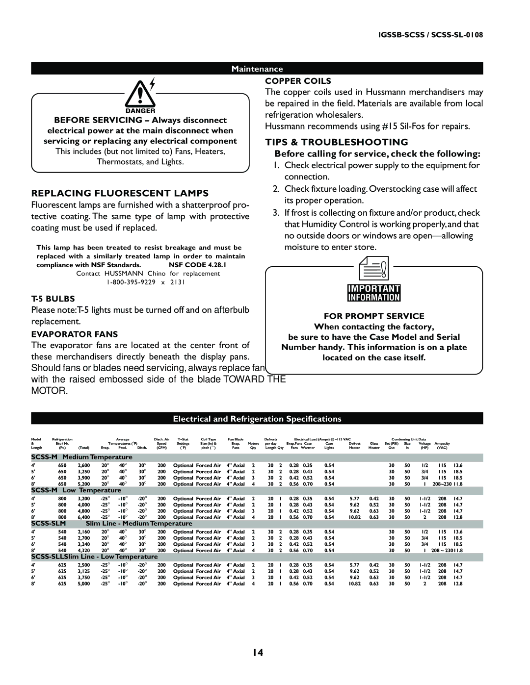 hussman SCSS-SL manual Replacing Fluorescent Lamps, Tips & Troubleshooting, Before calling for service, check the following 