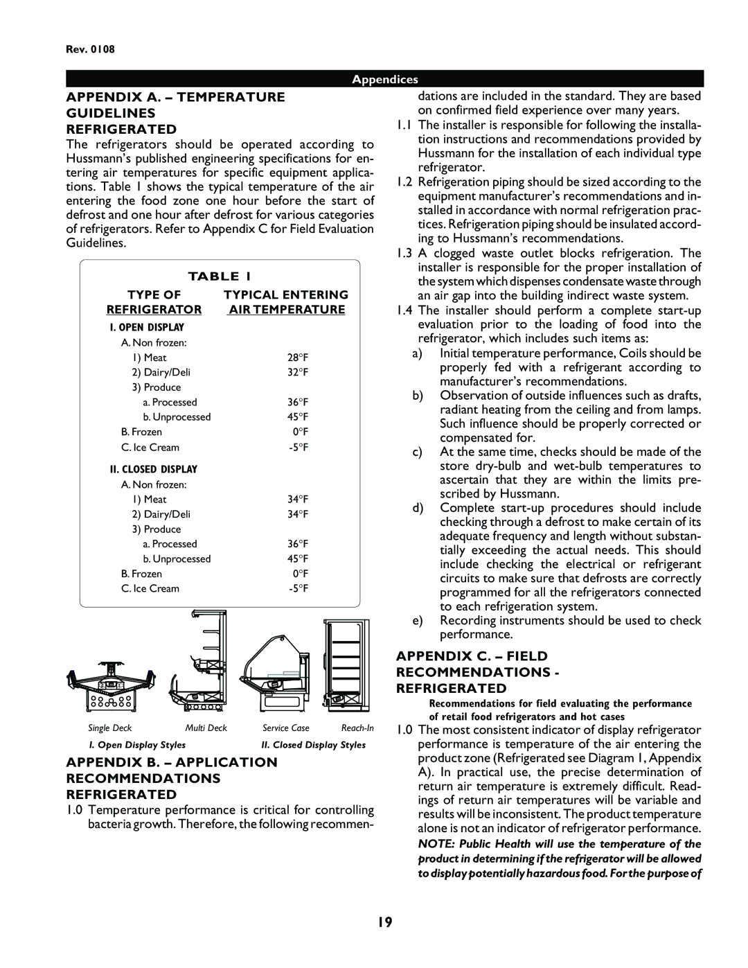 hussman SCSS manual Appendix A. Temperature Guidelines Refrigerated, Appendix B. Application Recommendations Refrigerated 