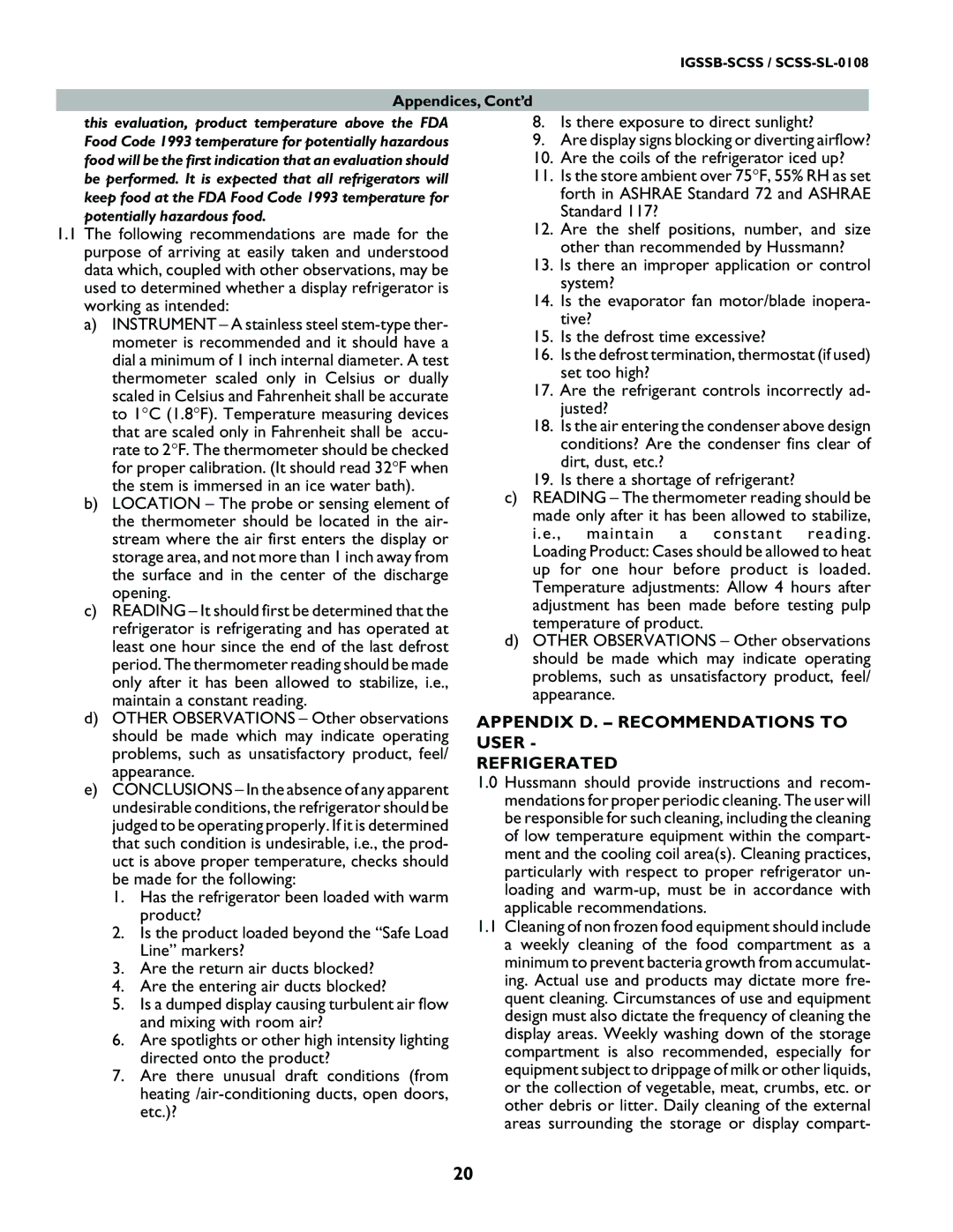 hussman SCSS-SL manual Appendix D. Recommendations to User Refrigerated, Appendices, Cont’d 