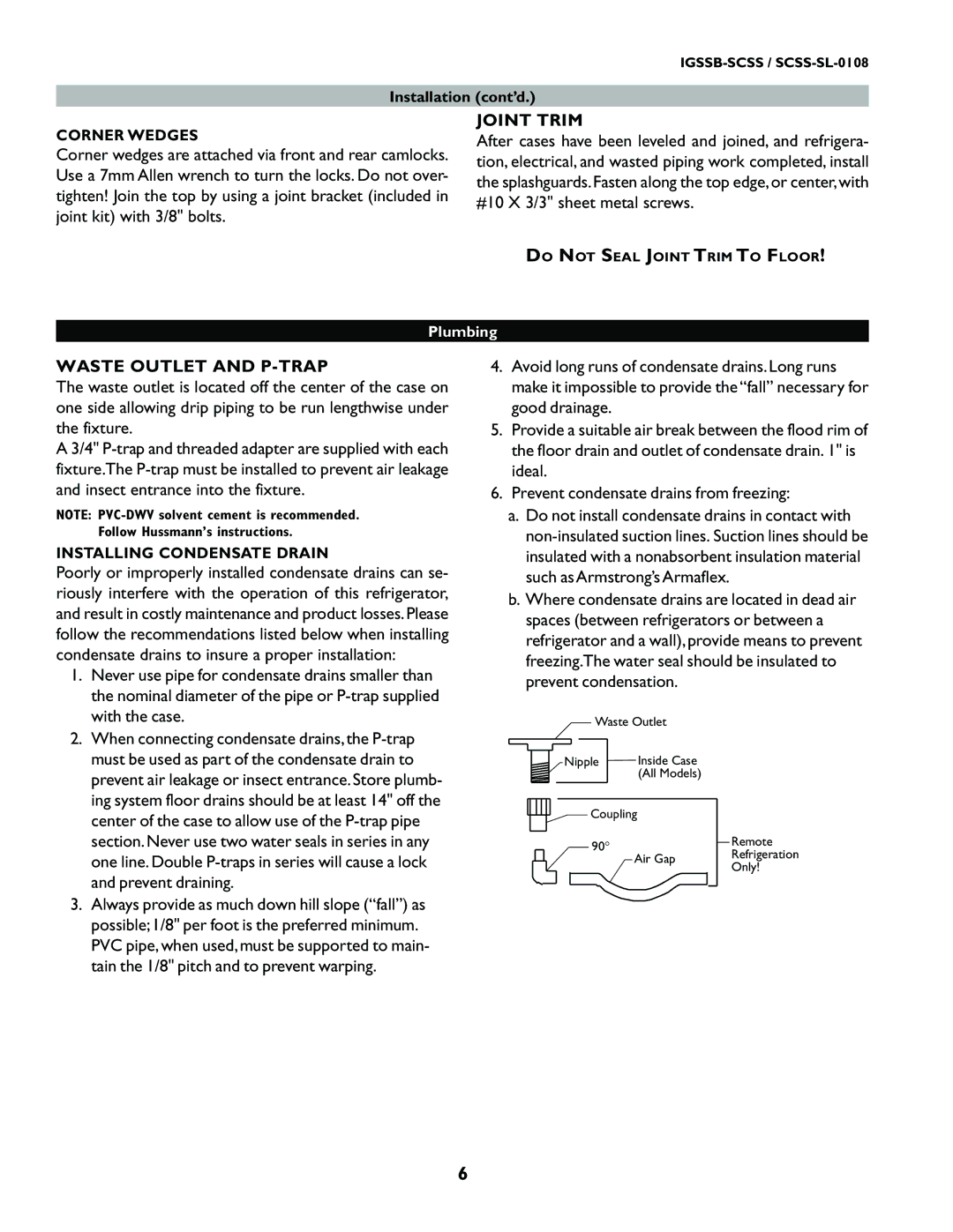 hussman SCSS-SL manual Joint Trim, Waste Outlet and P-TRAP, Corner Wedges, Installing Condensate Drain 