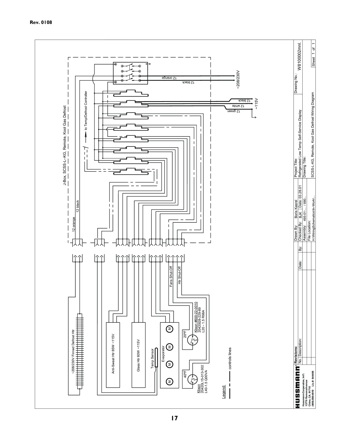 hussman SCSS-SL manual W8100002mnl, J-Box, SCSS-L--KG, Remote, Kool Gas Defrost, ~208/230V, ~115V, controls lines 