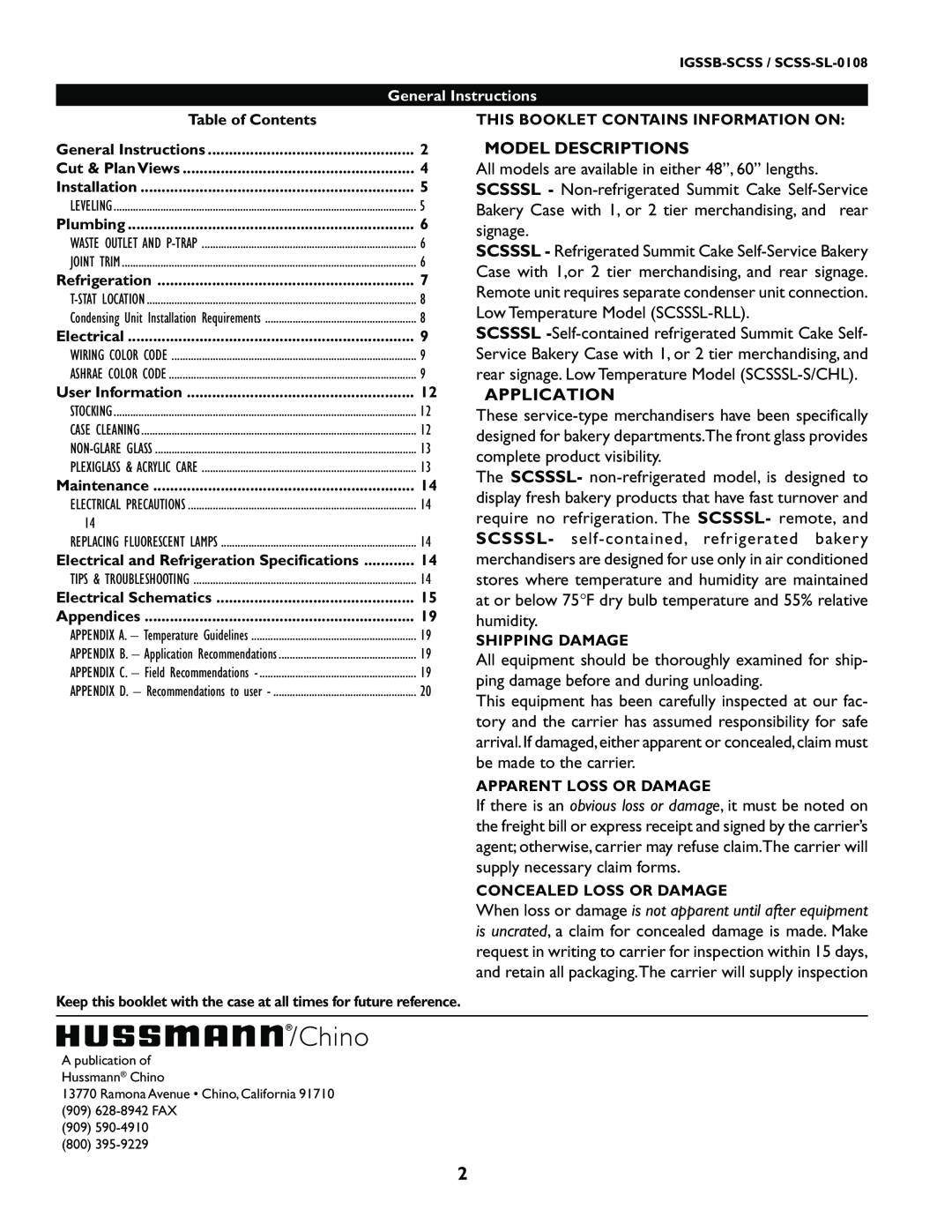 hussman SCSS-SL manual Model Descriptions, Application, Chino, General Instructions 