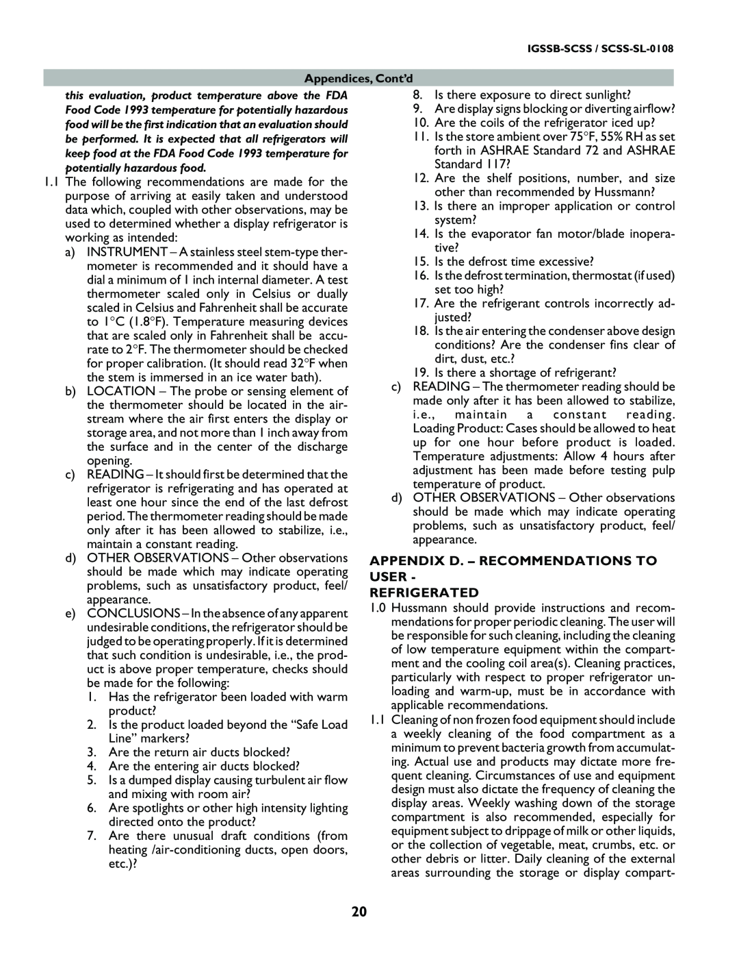 hussman SCSS-SL manual Appendix D. - Recommendations To User Refrigerated, Appendices, Cont’d 