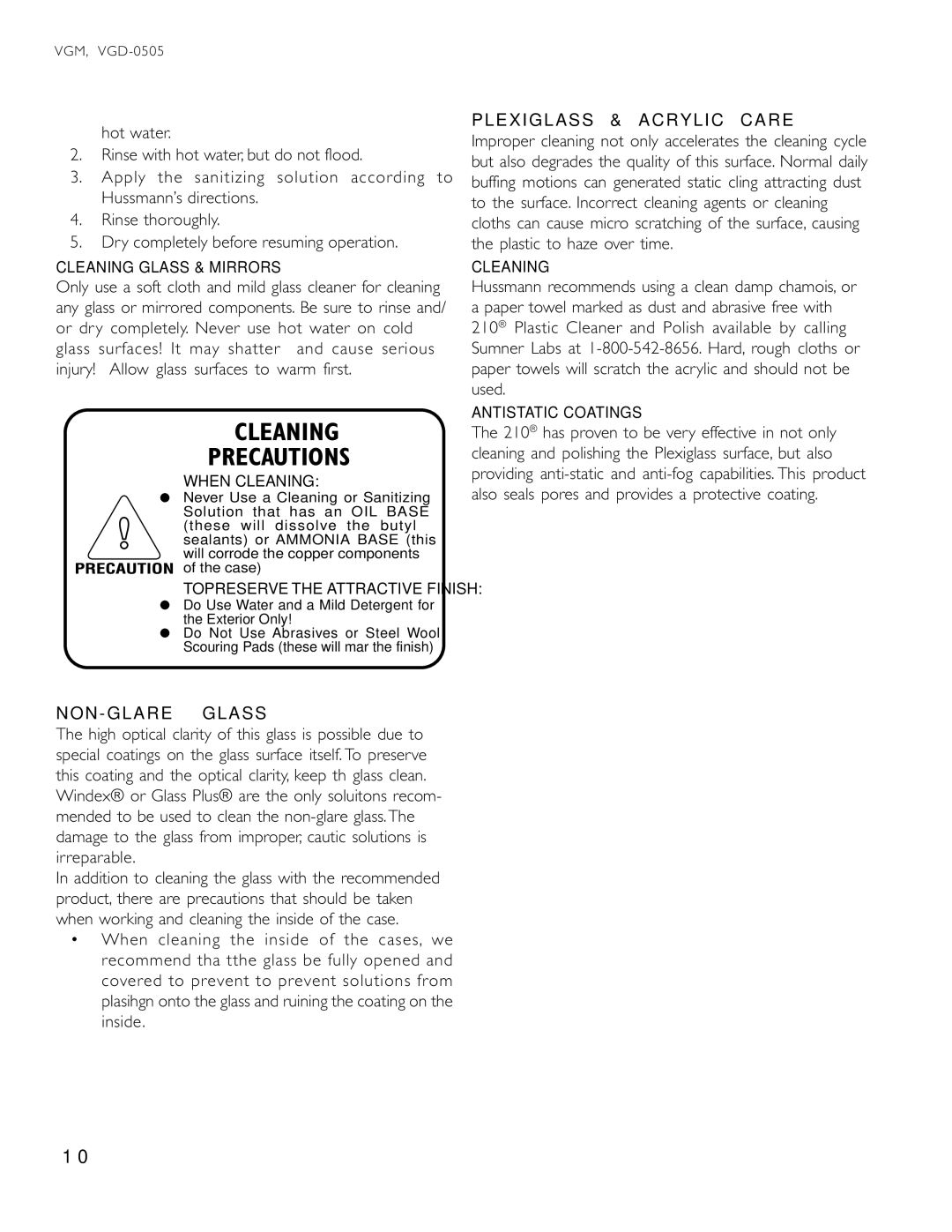 hussman VGM operation manual Plexiglass & Acrylic Care, NON Glare Glass, Cleaning Glass & Mirrors, Antistatic Coatings 