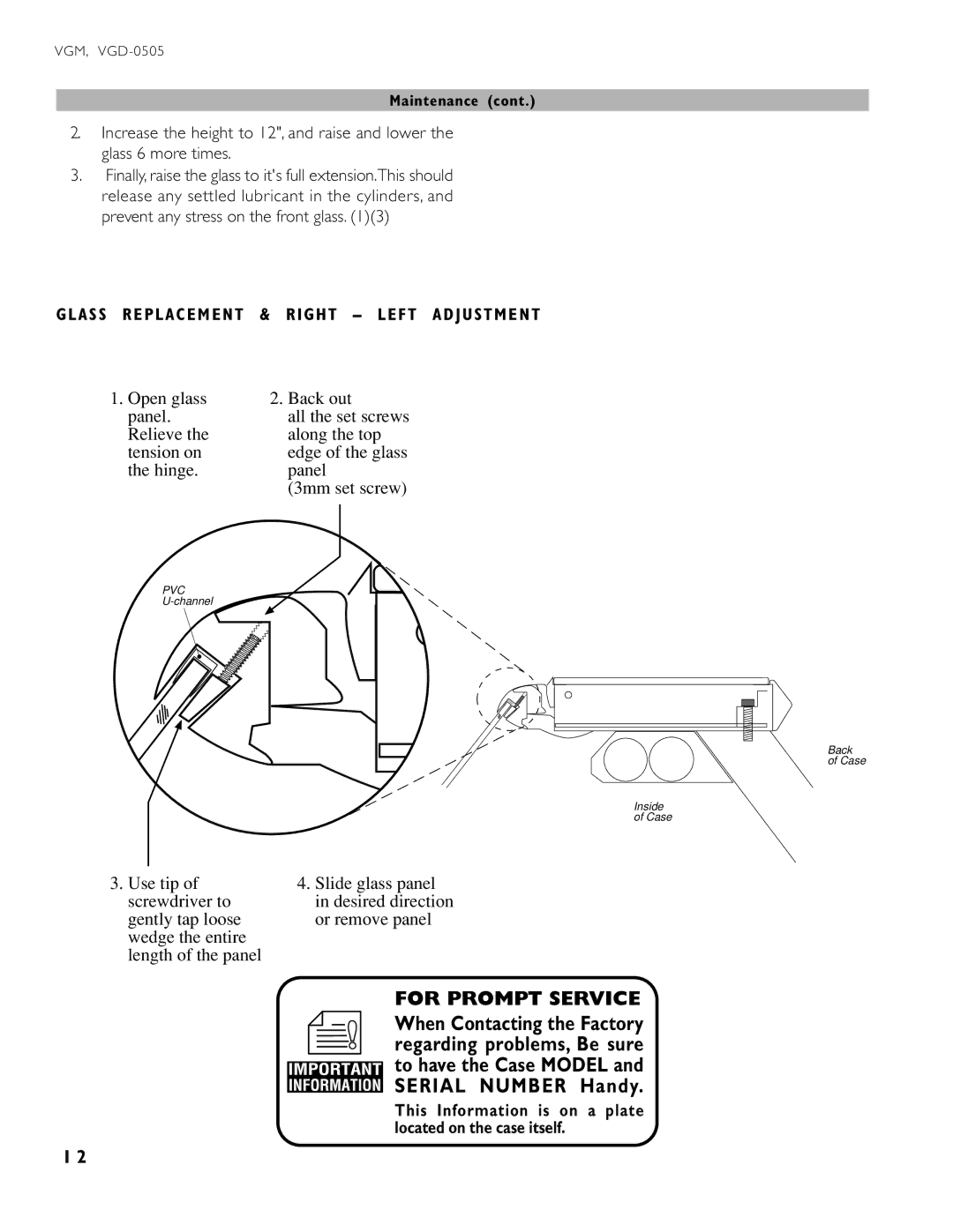 hussman VGM operation manual Glass Replacement & Right Left Adjustment 