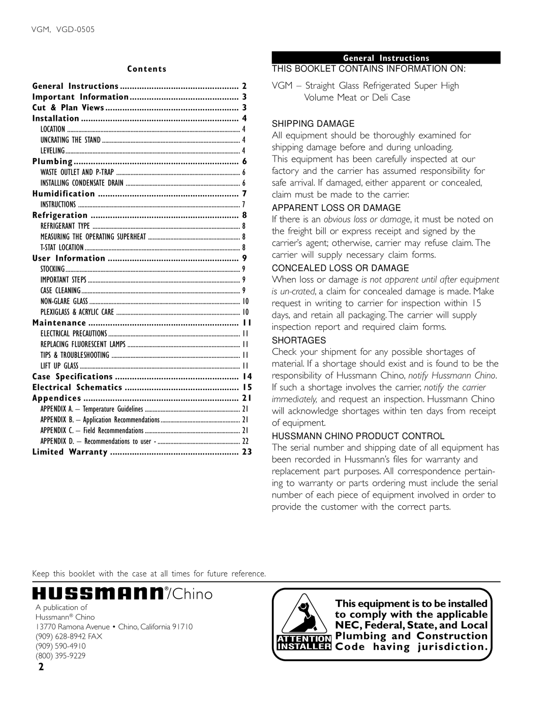 hussman VGM operation manual General Instructions, Contents 