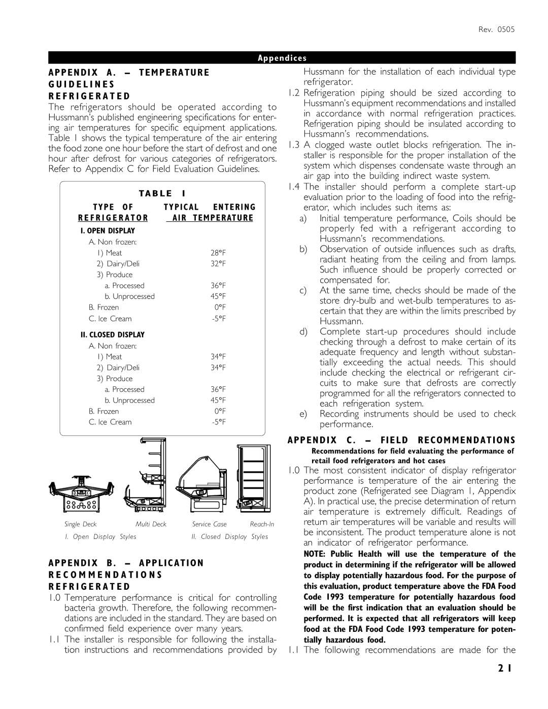 hussman VGM operation manual Appendix C . Field Recommendations, Appendices 