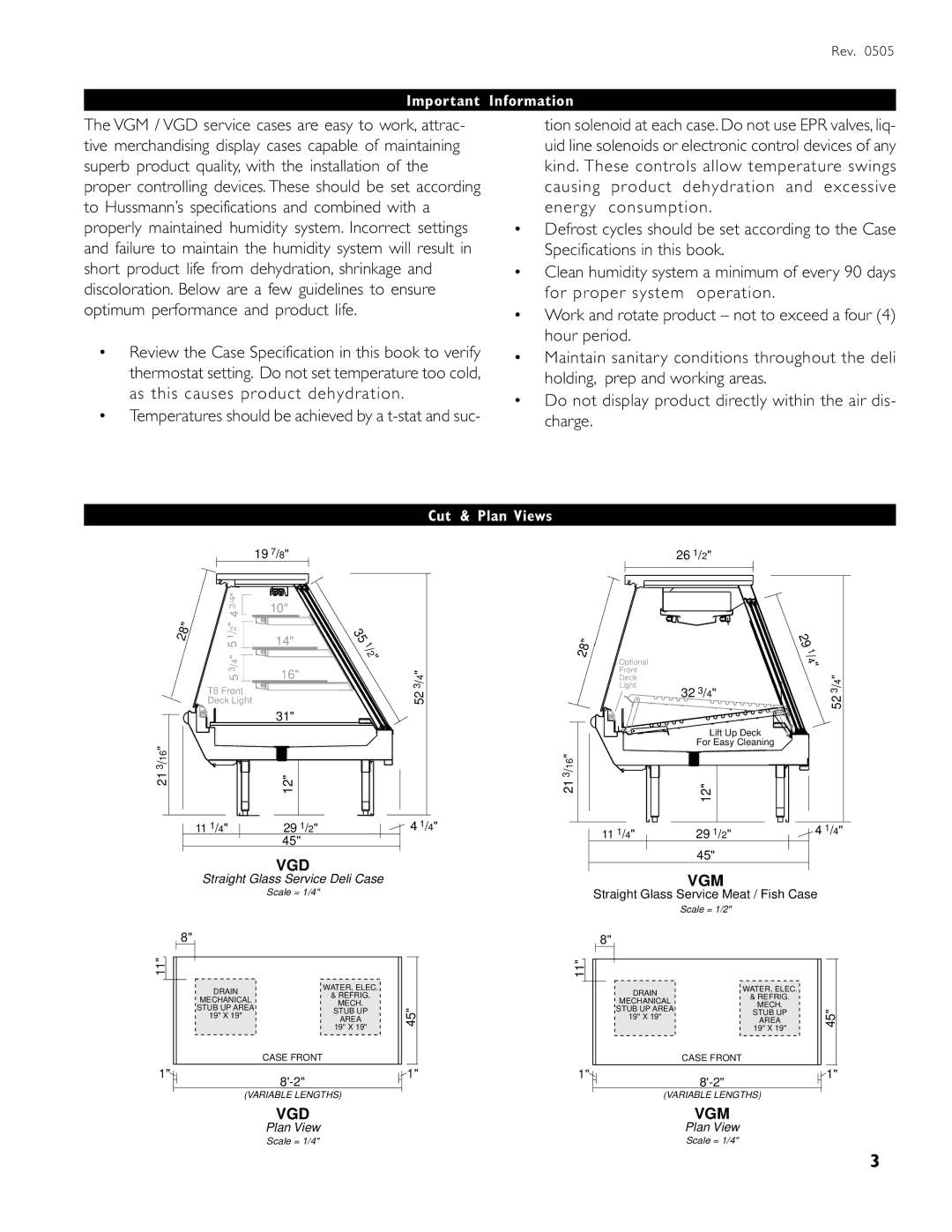 hussman VGM operation manual Important Information, Cut & Plan Views 