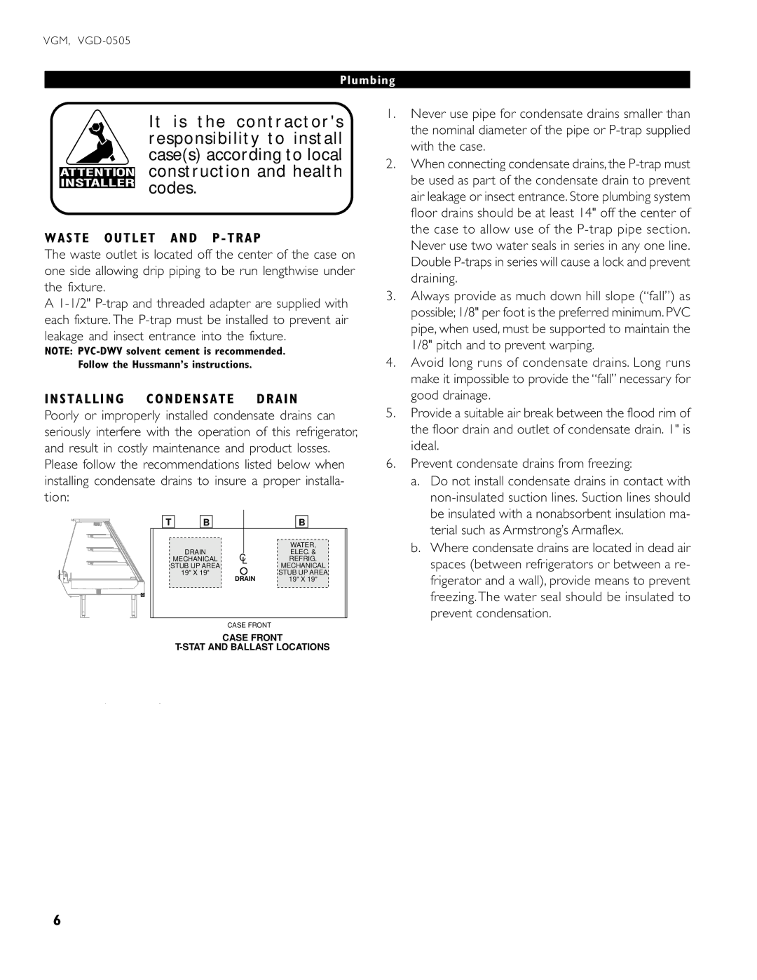 hussman VGM operation manual Waste Outlet and P Trap, Installing Condensate Drain, Plumbing 