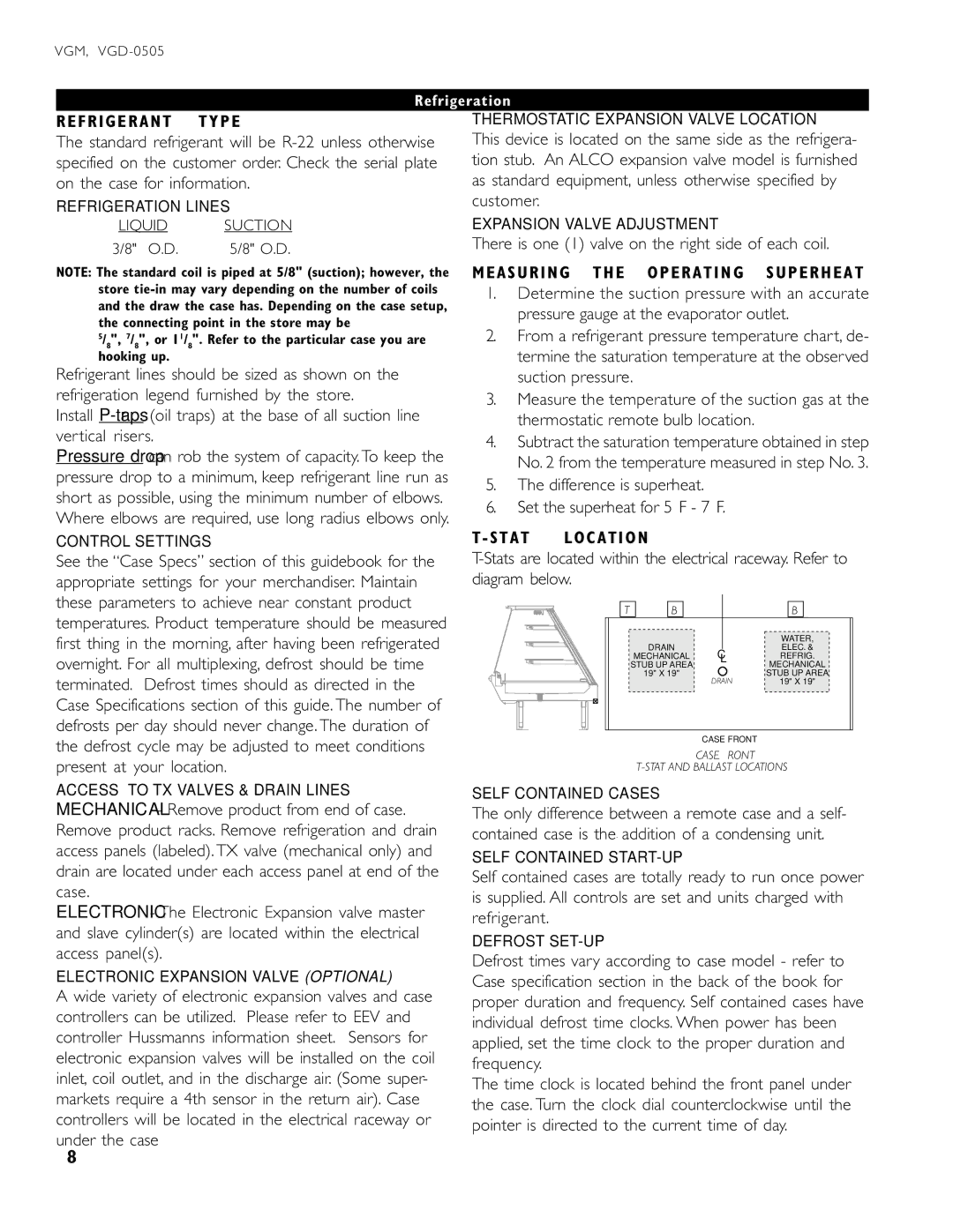 hussman VGM operation manual Refrigerant Type, Measuring the Operating Superheat, Stat Location, Refrigeration 