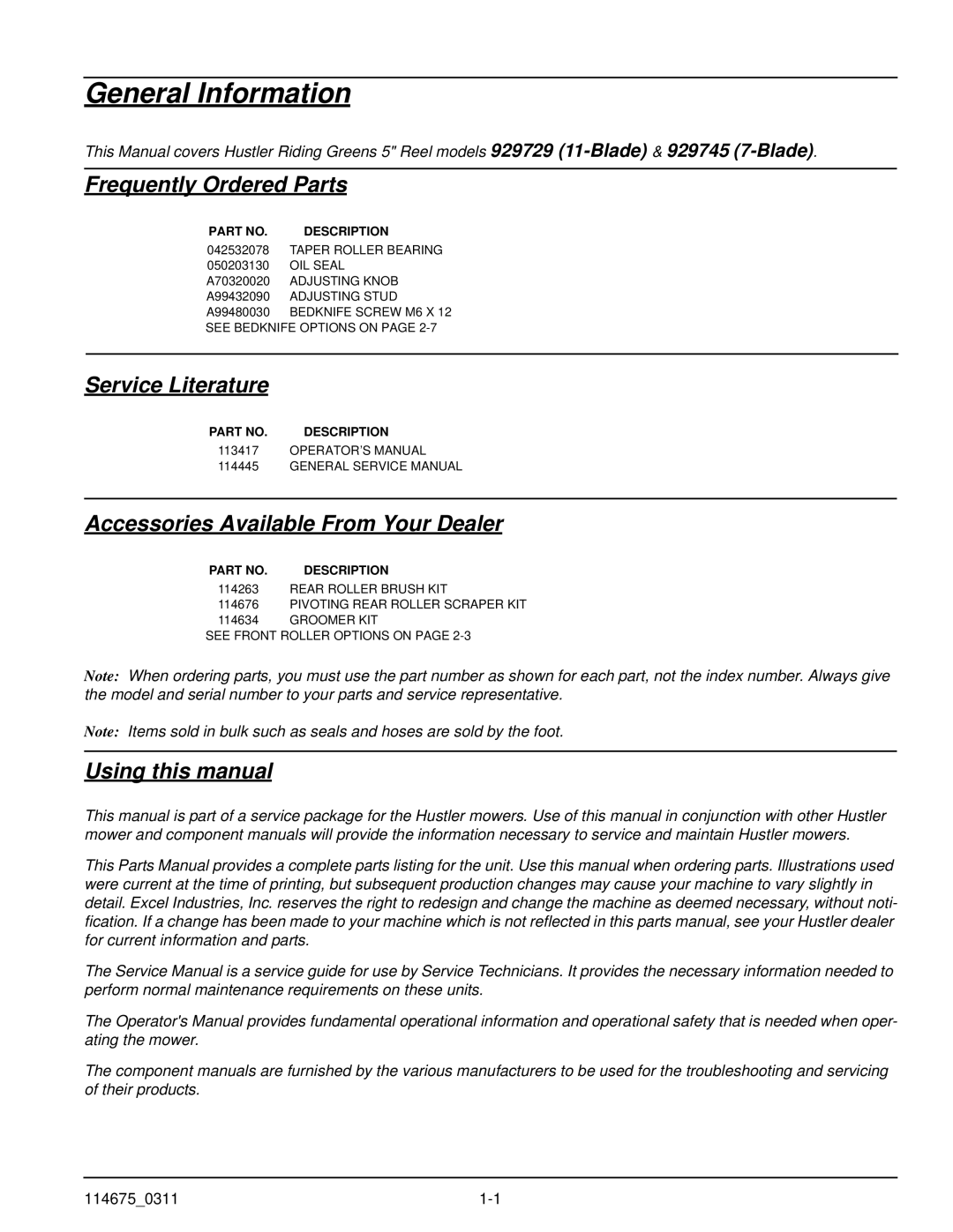 Hustler Turf 114675_0311 C-1 manual General Information, Frequently Ordered Parts 