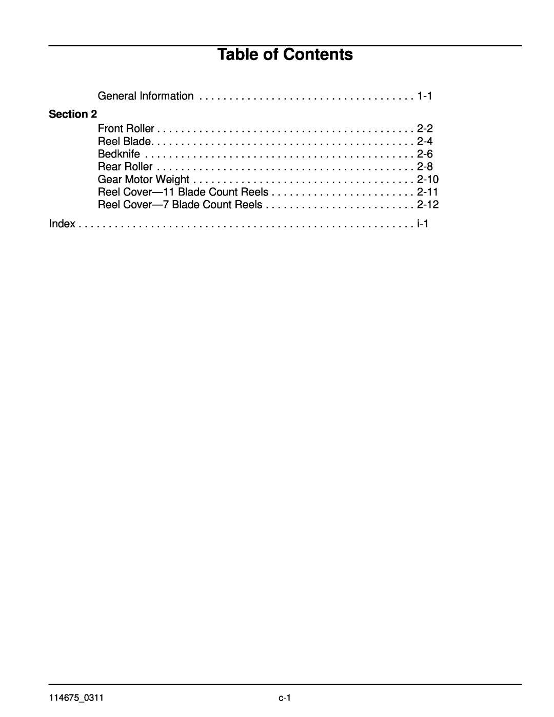 Hustler Turf 114675_0311 C-1 manual Table of Contents, Section 