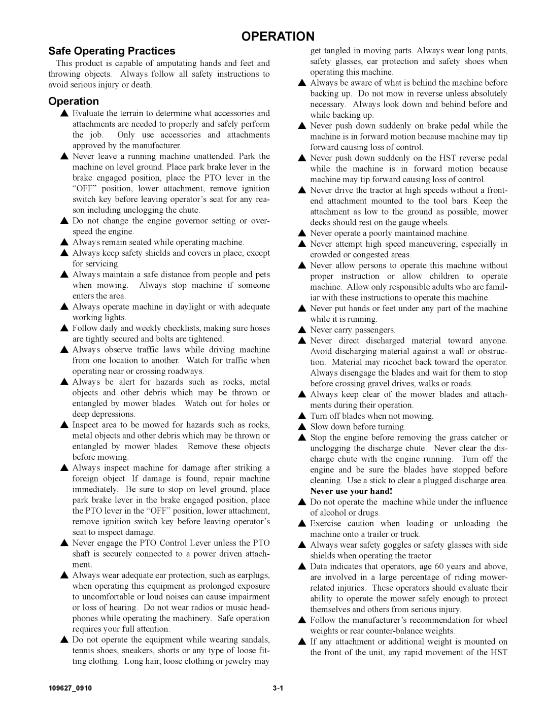 Hustler Turf 3700, 3500 owner manual Operation, Safe Operating Practices 