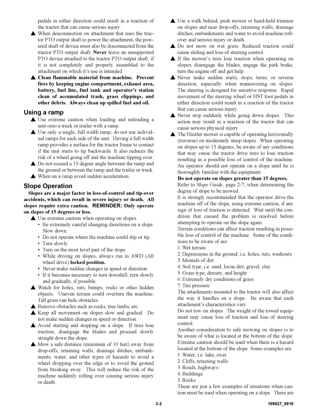 Hustler Turf 3500, 3700 owner manual Using a ramp, Slope Operation 