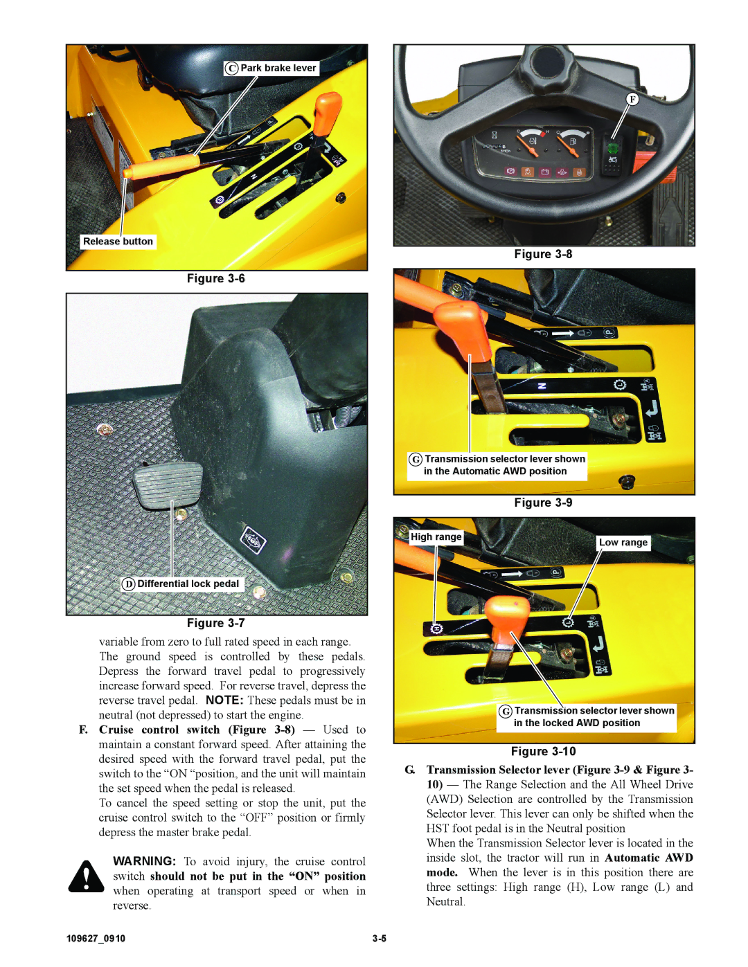 Hustler Turf 3700, 3500 owner manual Park brake lever Release button Differential lock pedal 